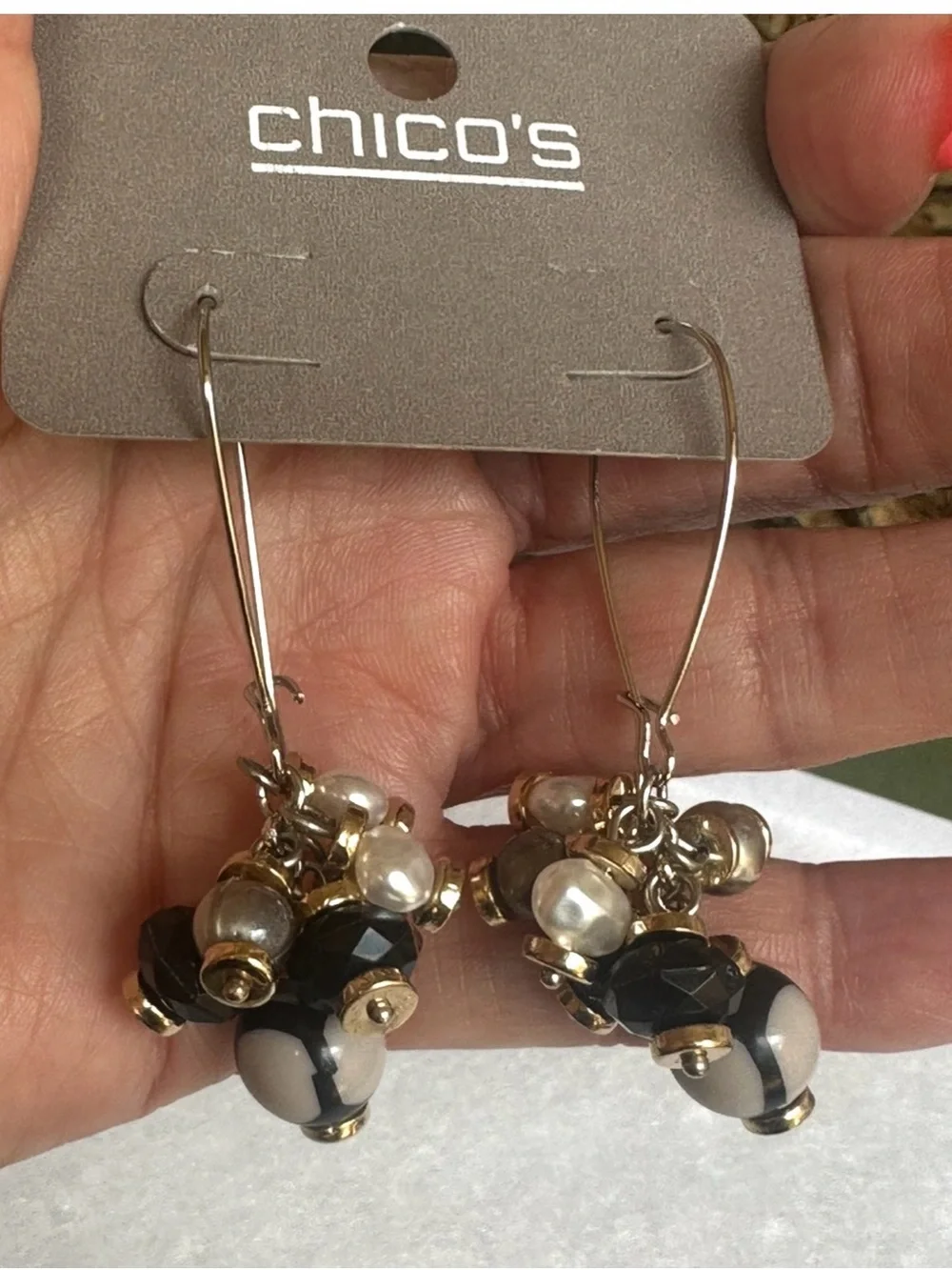 Chico's Black, Cream, Gold Beaded Cluster Wire Drop Earrings